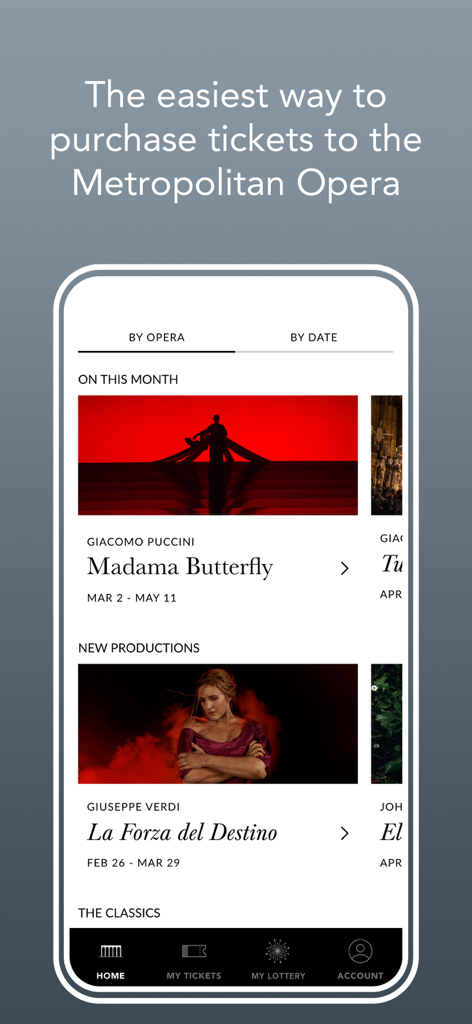 Met Opera - Met Opera app home screen displaying lists of current and new opera productions for ticket booking