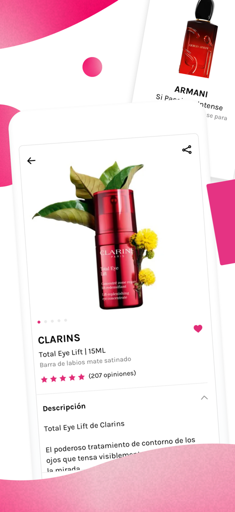 Perfumerías DRUNI - Mobile app screen showing Clarins Total Eye Lift product details and ratings in the Druni beauty app