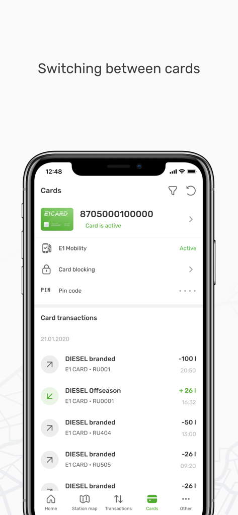 Oberfläche der mobilen E1 CARD App, die den Status der Kraftstoffkarte und die Dieseltransaktionshistorie anzeigt
