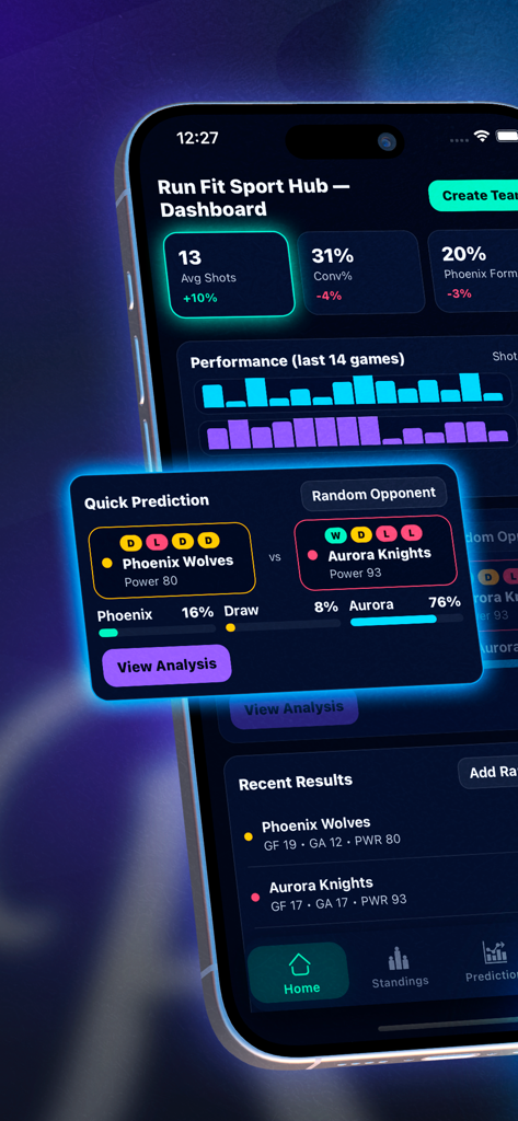 RainGames Hub - Panel de la aplicación RainGames Hub que muestra predicciones de partidos de fútbol y estadísticas de rendimiento del equipo con un tema de modo oscuro de neón.