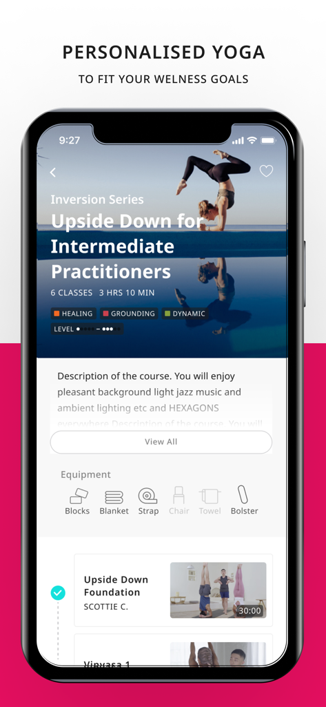 PURE360生活平台-专业瑜伽健身训练 - Captura de pantalla de la aplicación PURE360 que muestra un curso de yoga personalizado para practicantes intermedios con la duración de la clase y la lista de equipos