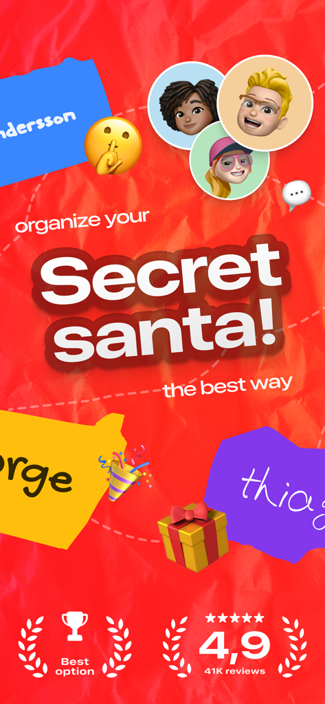 Draw Names - Secret Santa - Schermata promozionale per l'app Babbo Natale Segreto che mostra gli avatar degli utenti e valutazioni elevate su uno sfondo rosso