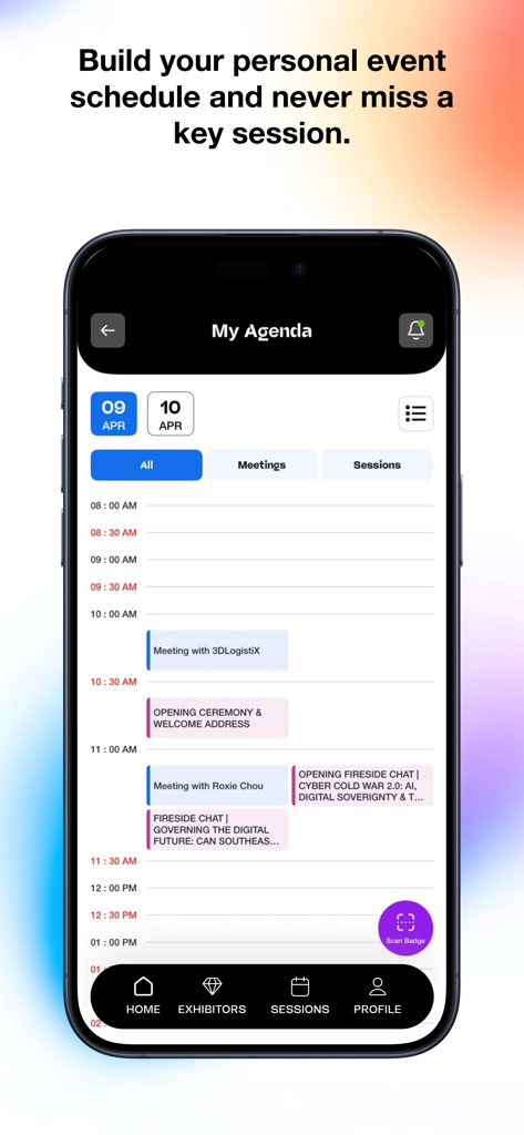 GITEX AI ASIA 2026 - Tela oficial do aplicativo GITEX AI ASIA 2026 mostrando uma agenda de eventos e reuniões personalizadas