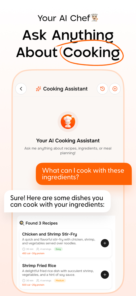 WhatToCook- AI Meal Planner - Interface of the WhatToCook app showing an AI cooking assistant providing recipe suggestions in a chat interface