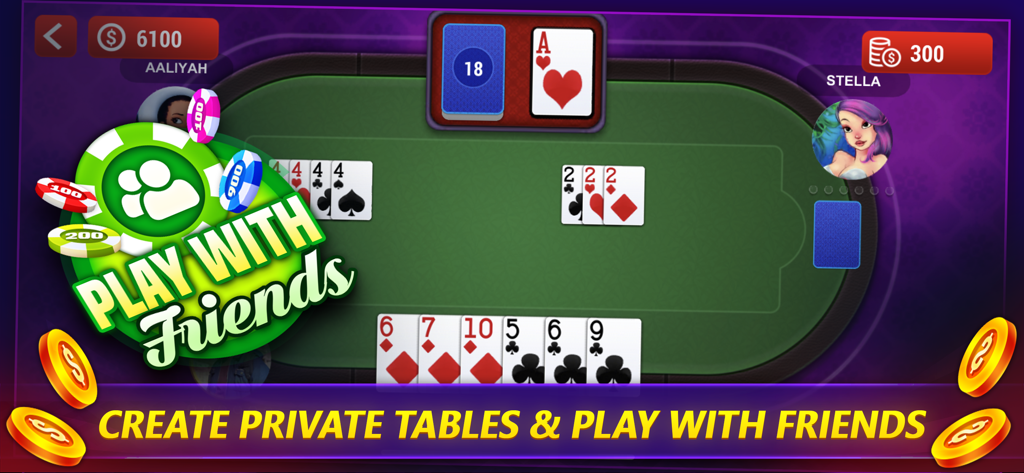 Tonk Online Card Game (Tunk) - 친구와 플레이할 수 있는 비공개 테이블을 보여주는 온라인 Tonk 카드 게임 인터페이스