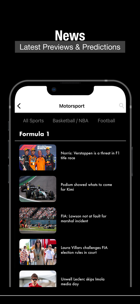 Motorsport TV Live Streaming - A mobile screen displaying a feed of Formula 1 news articles and previews