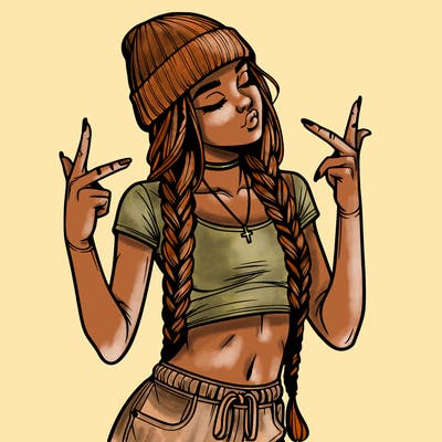 realistic teenage girl with braids and a beanie and crop top doing 🫶🏼