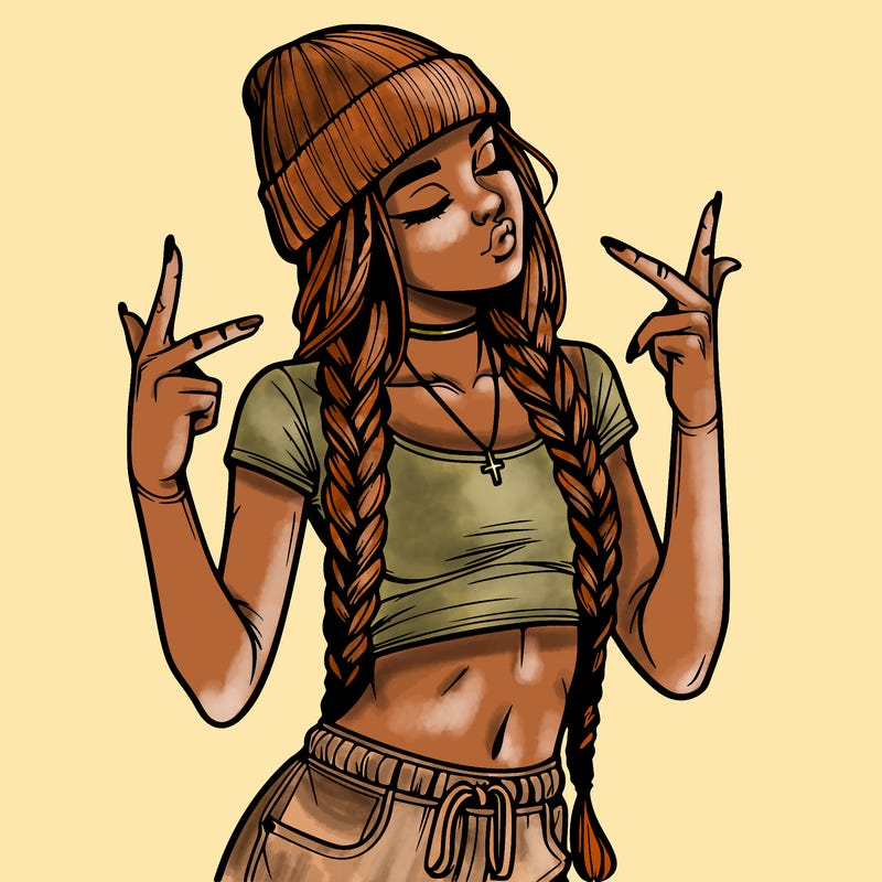 realistic teenage girl with braids and a beanie and crop top doing 🫶🏼