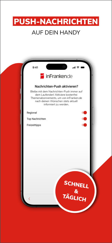 Pantalla de smartphone mostrando la configuración de notificaciones push para la aplicación de noticias locales inFranken.de