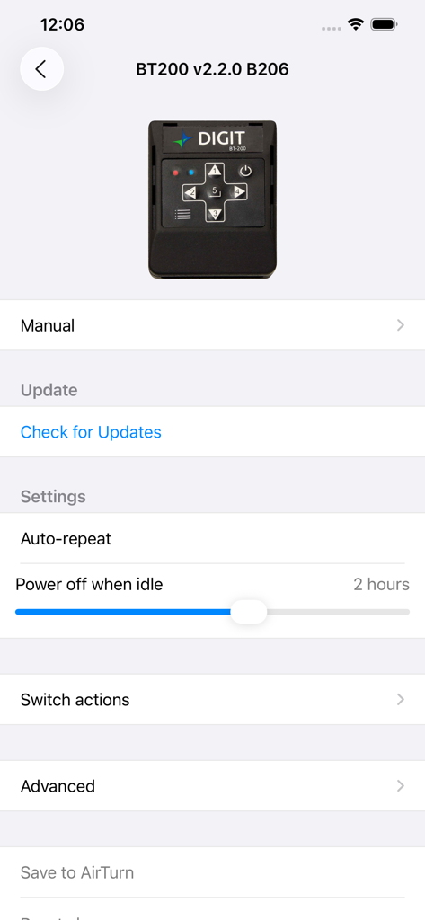 AirTurn Manager - AirTurn Manager app screen showing configuration settings and update options for the BT200 device