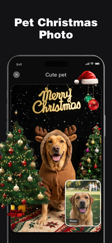 PixMuse: AI Photo Editor - AI-generated professional Christmas portrait of a golden retriever in a reindeer costume