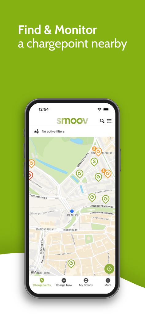 Smoov - The Smoov app interface showing a map of nearby electric vehicle charging stations with orange and green status markers.