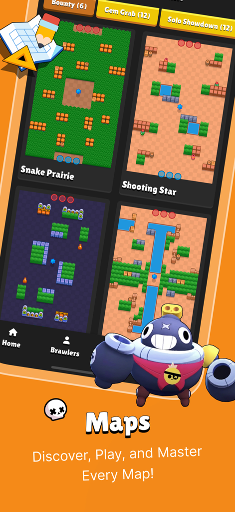 Insider for Brawl Stars - Captura de pantalla de la aplicación Insider para Brawl Stars que muestra un directorio de mapas y estrategias del juego