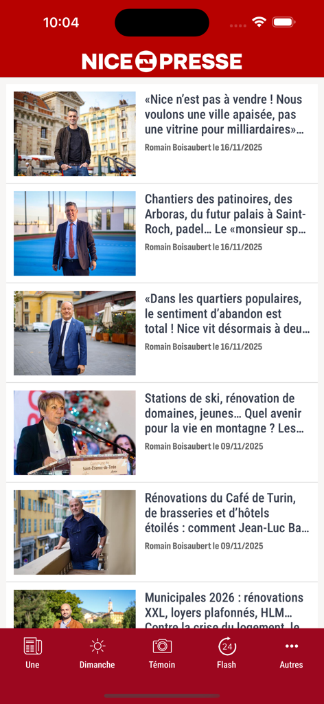 Nice-Presse - Nice-Presse mobile app interface showing a list of local news articles with headlines and images.