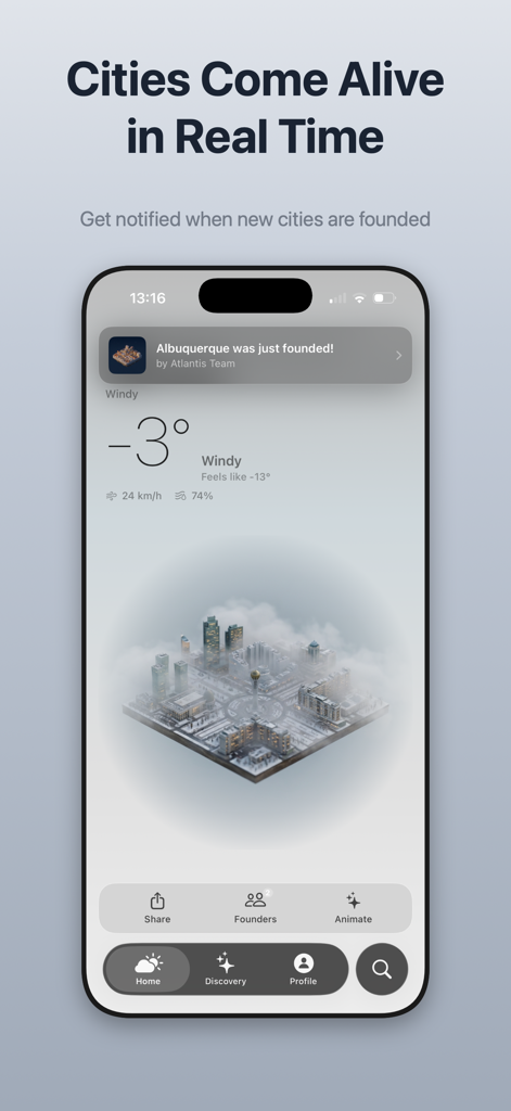 Atlantis AI - 3D Weather App - iPhone screen showing a snowy 3D isometric city diorama with real-time weather data in the Atlantis AI app