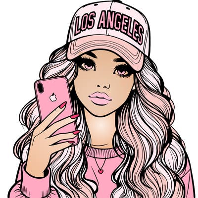 realistic beautiful girl wearing los ángeles cap holding an iphone