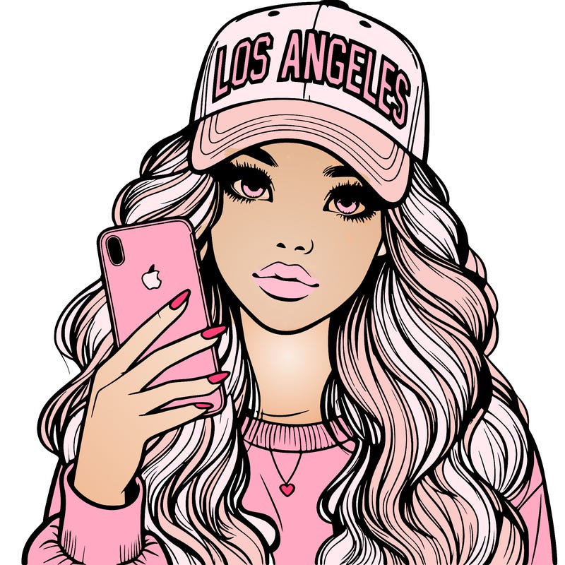 realistic beautiful girl wearing los ángeles cap holding an iphone