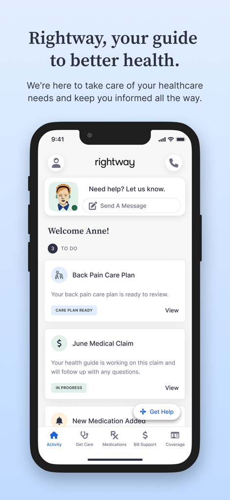 Rightway Healthcare - Rightway Healthcare mobile app interface showing personalized health guide dashboard with care plans and medical claims
