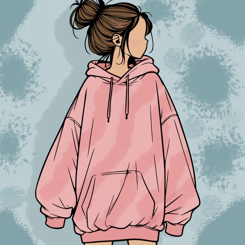 realistic girl with a oversized sweatshirt on and a bun