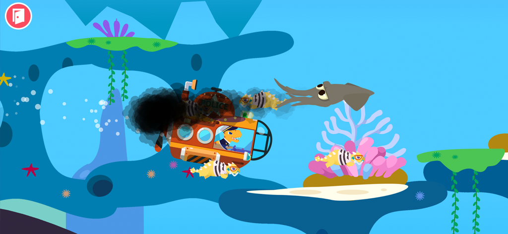 巨大なイカとの水中追跡ミッション中に潜水艦を運転する恐竜警察官