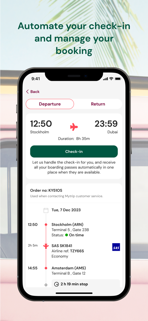 Tela do aplicativo Mytrip mostrando check-in automático de voo e gerenciamento de itinerário de reserva