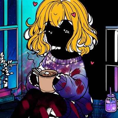 cute anime girl reading book and drinking hot chocolate from mug with loose wavy hair wearing a baggy sweatshirt and shorts sitting by windowsill looking out