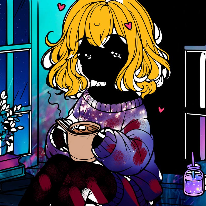 cute anime girl reading book and drinking hot chocolate from mug with loose wavy hair wearing a baggy sweatshirt and shorts sitting by windowsill looking out