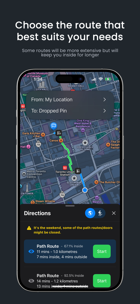 Toronto Path - Toronto Path app interface showing different walking route options with indoor time percentages