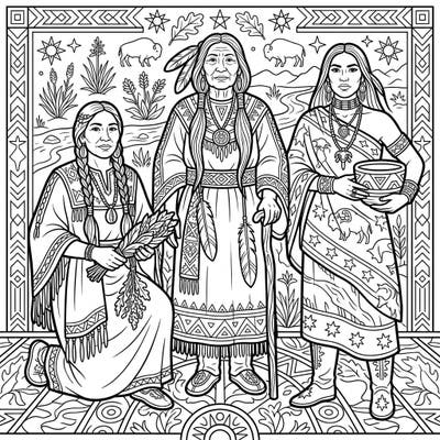 Discover the inspiring legacy of Indigenous women with this beautifully designed coloring page. It features influential matriarchs, healers, and significant figures in rich cultural detail, perfect for engaging your artistic spirit.