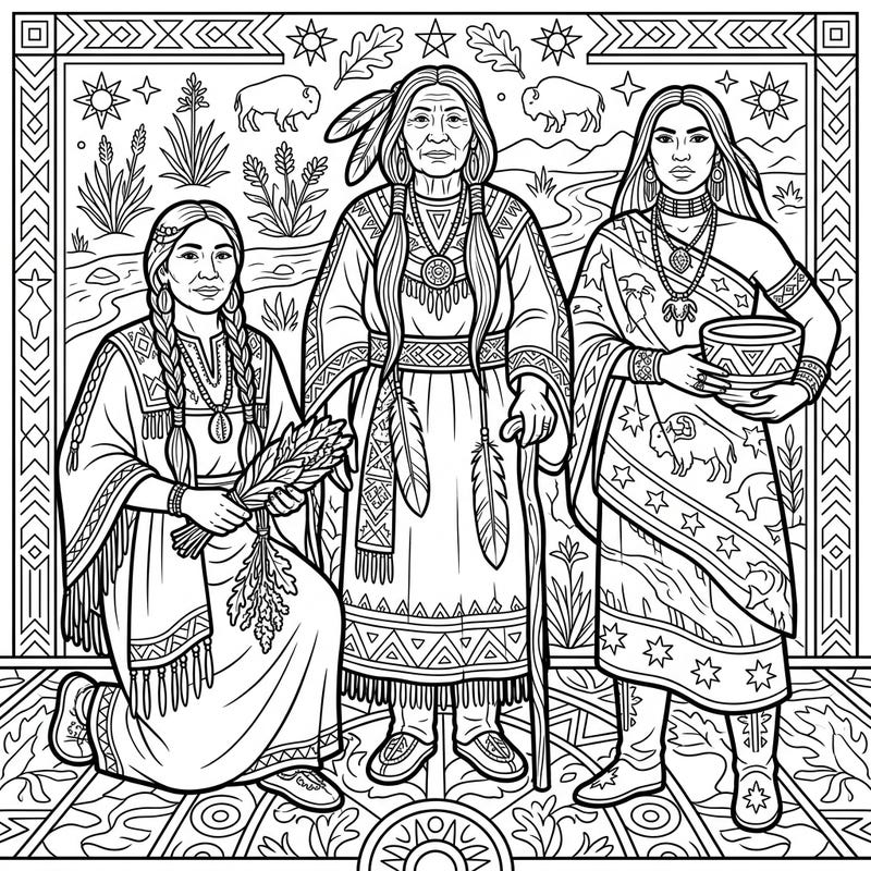 Discover the inspiring legacy of Indigenous women with this beautifully designed coloring page. It features influential matriarchs, healers, and significant figures in rich cultural detail, perfect for engaging your artistic spirit.