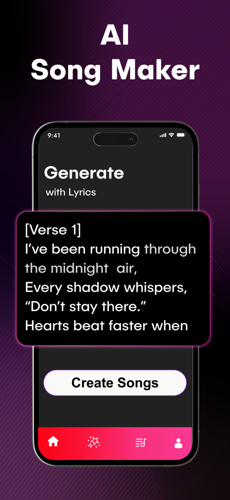 SUR - AI Music Generator - Mobile app interface showing song lyrics and a button to create songs using AI.