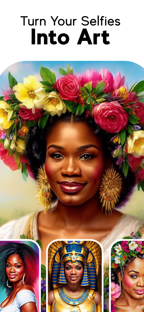 Dreams AI Art Generator - Four AI-generated portraits of a woman in different artistic styles including a floral crown and an Egyptian queen.
