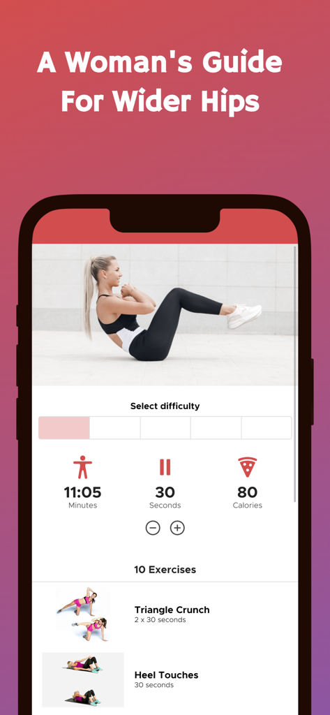 Workouts For Hourglass Figure - Smartphone screen showing the Hourglass Figure workout app with a guide for wider hips and core exercises