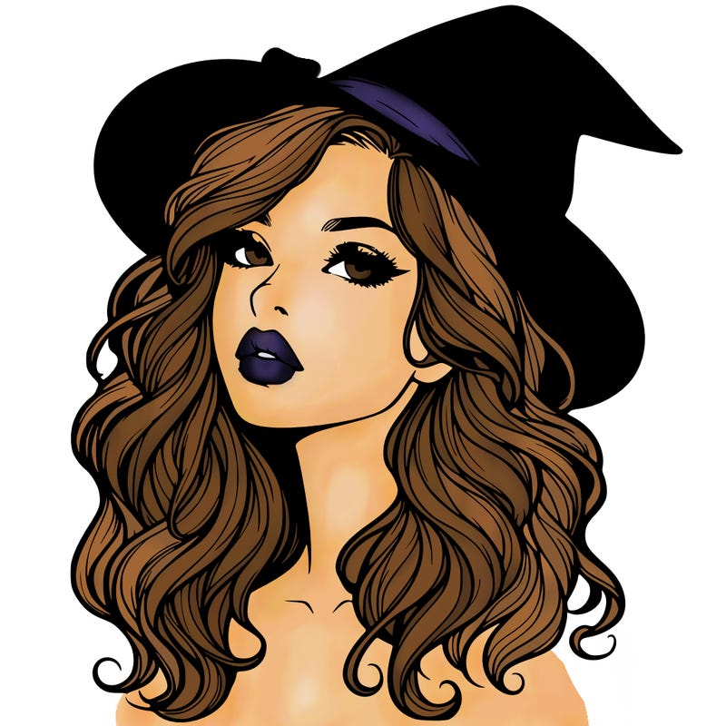 realistic witch girl with wavy hair and lips