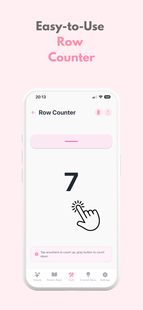Crochet AI: Crochet Patterns - Mobile screen displaying the easy to use row counter tool in the Crochet AI app