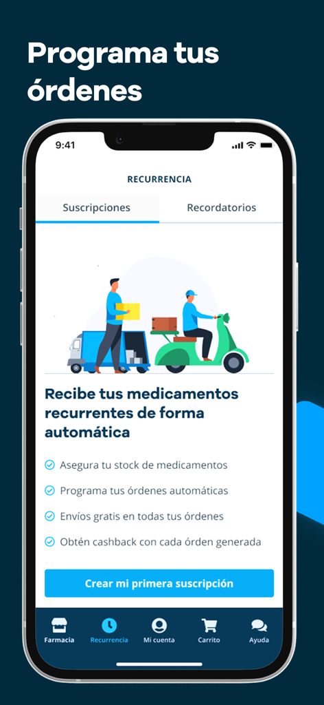 Vitau - Farmacia Digital - Vitau app screen for scheduling recurring medication deliveries with subscription benefits