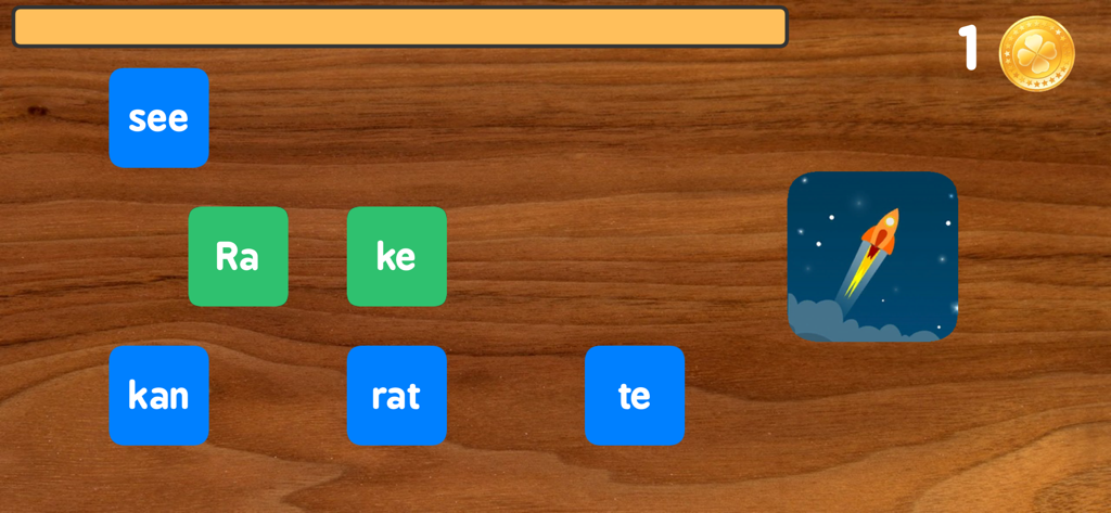 Schreiben mit Silben Pro - Aprendendo sílabas alemãs através de exercícios de construção de palavras com um ícone de foguete.
