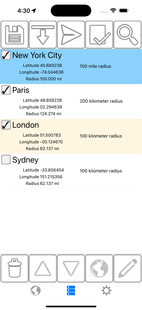 Radius on Map + : draw circle - Liste der gespeicherten geografischen Radien für Städte wie New York und Paris mit Koordinaten- und Entfernungsangaben