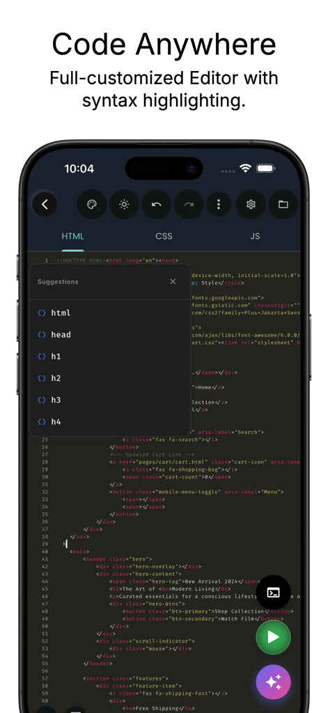 Web IDE: AI Code Editor - Tela do iPhone mostrando um editor de código mobile com destaque de sintaxe HTML e um menu de sugestão de autocompletar
