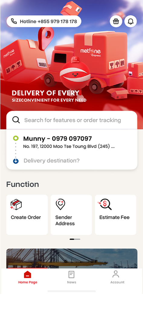 Metfone Express - Metfone Express mobile app dashboard with shipping features like create order and tracking search