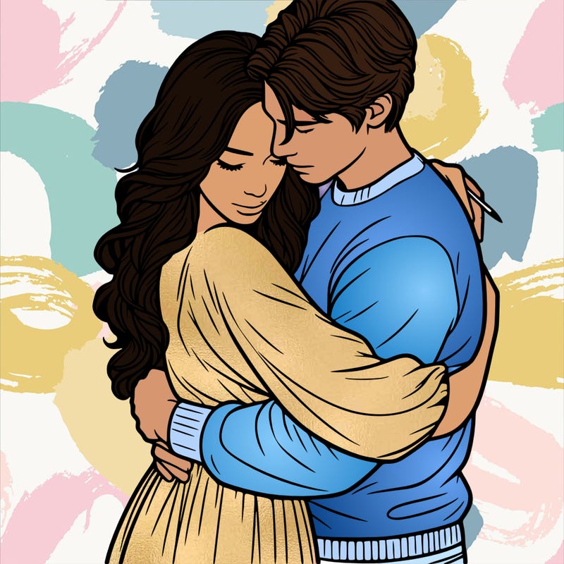 a realistic picture of a woman and man hugging