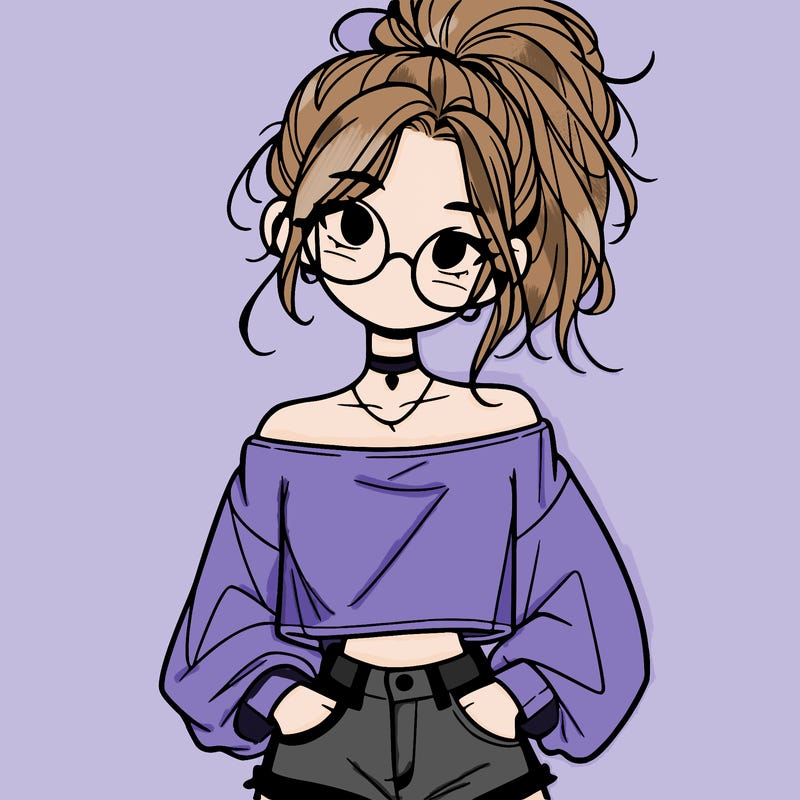 girl with a messy ponytail glasses a baggy crop top and jean shorts