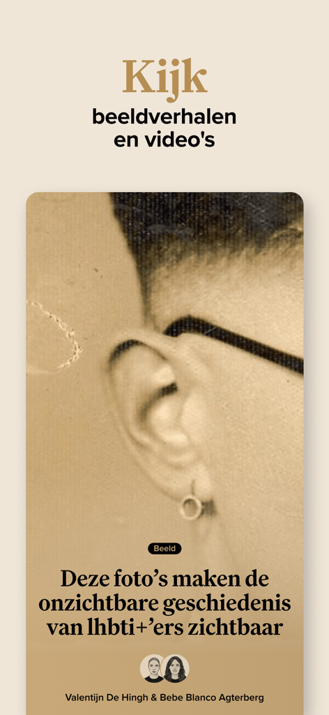 De Correspondent - Screenshot of De Correspondent app showing the visual stories section with an article about LGBTI plus history featuring a sepia toned photograph.