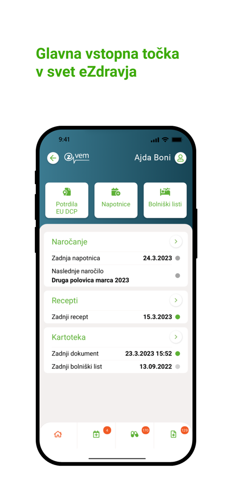zVEM - Dashboard of the zVEM e-Health mobile app displaying medical records and appointment information.