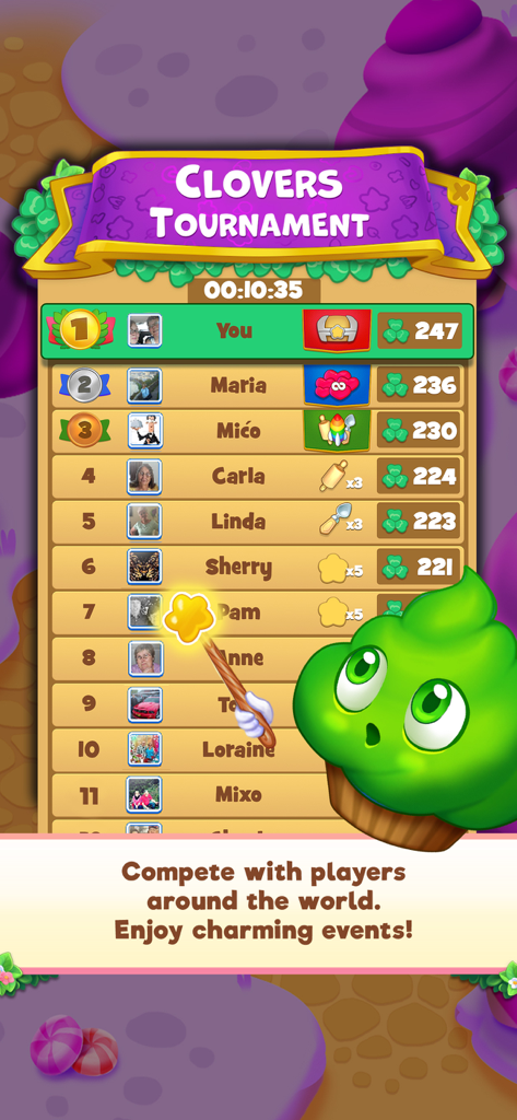 Candy Riddles: Match 3 Puzzle - Candy Riddles Clovers Tournament leaderboard showing player rankings and scores with a cute cupcake character.