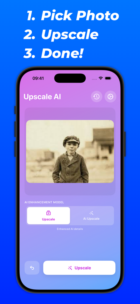 Upscale AI: HD Photo Enhancer - Interface do aplicativo Upscale AI mostrando um processo de três etapas para aprimorar uma antiga fotografia em sépia