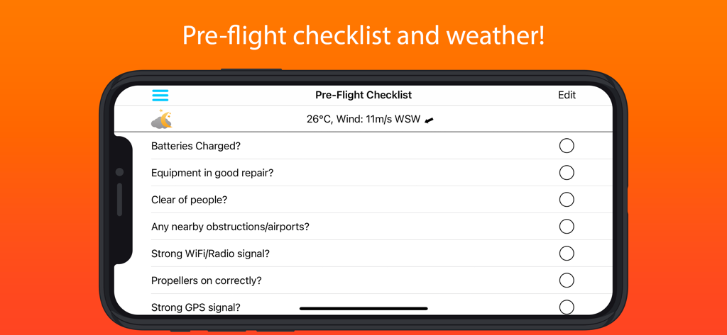 SidePilot app screenshot of a pre-flight drone checklist and weather data