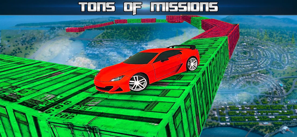 Car Stunt Races Mega Ramps - Carro esportivo vermelho dirigindo em uma pista de contêineres alta acima de uma cidade costeira em Car Stunt Races Mega Ramps