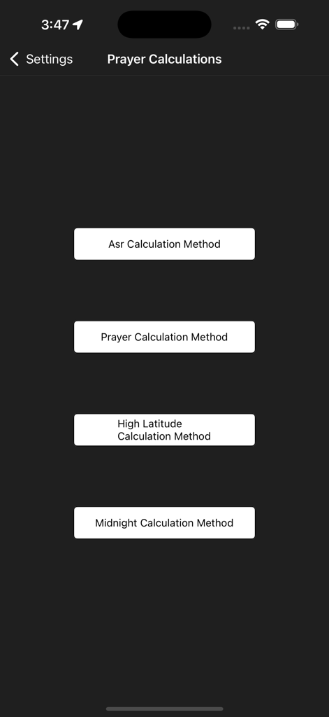 Ramadan Dashboard - Settings screen for prayer calculation methods in Ramadan Dashboard app
