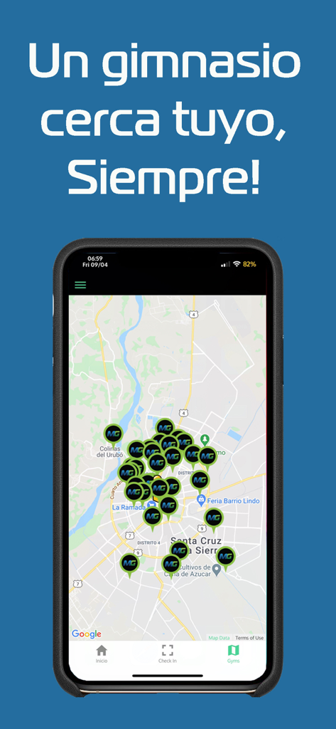 MultiGym - A mobile screen showing the MultiGym app with a map displaying various gym locations in a city.